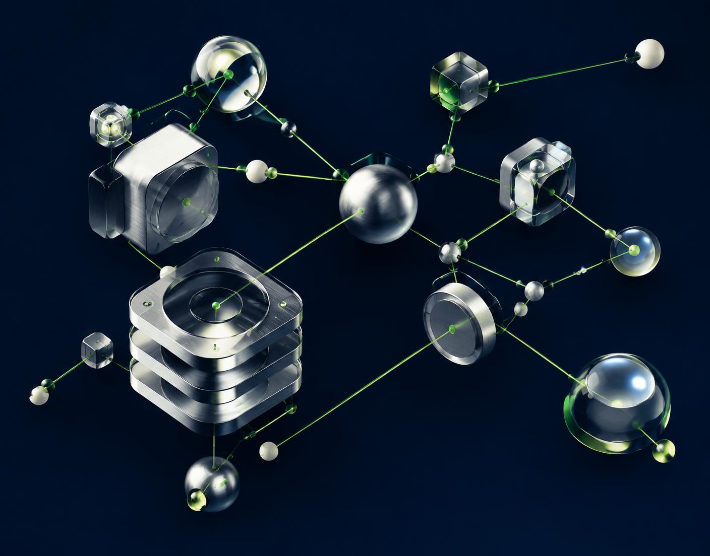 Abstract modular computing nodes connected by bright signal lines