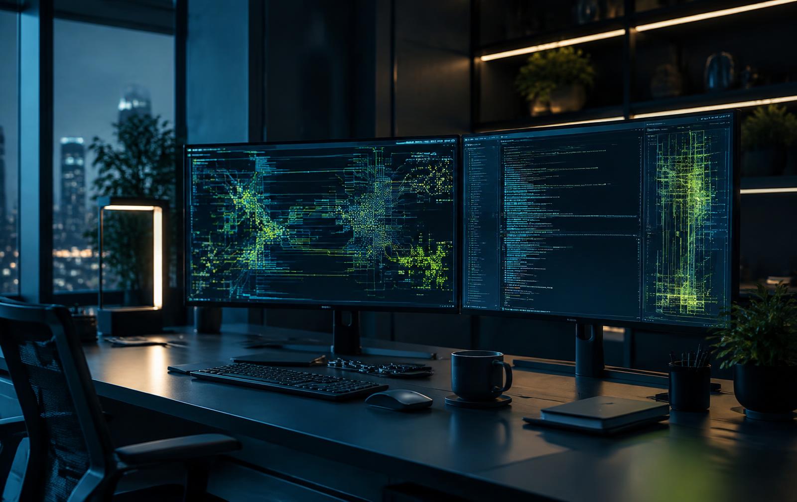 Editorial technology workspace with monitors displaying abstract system visualizations